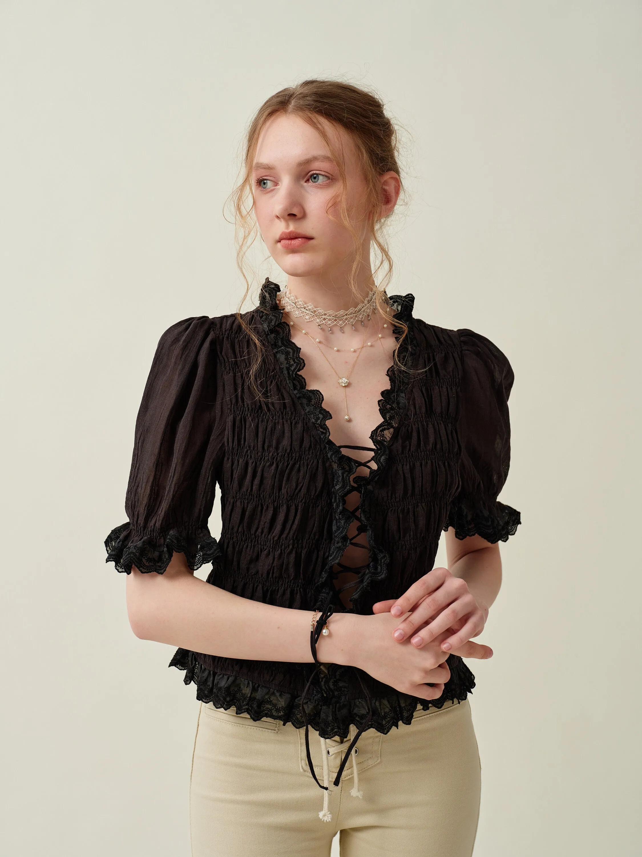 Luna 26 | lace up linen top blouse