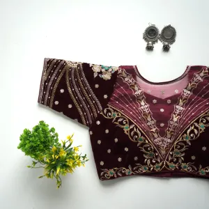 Maroon Taffeta Silk Blouse with Golden Embroidery and Sequin Touch