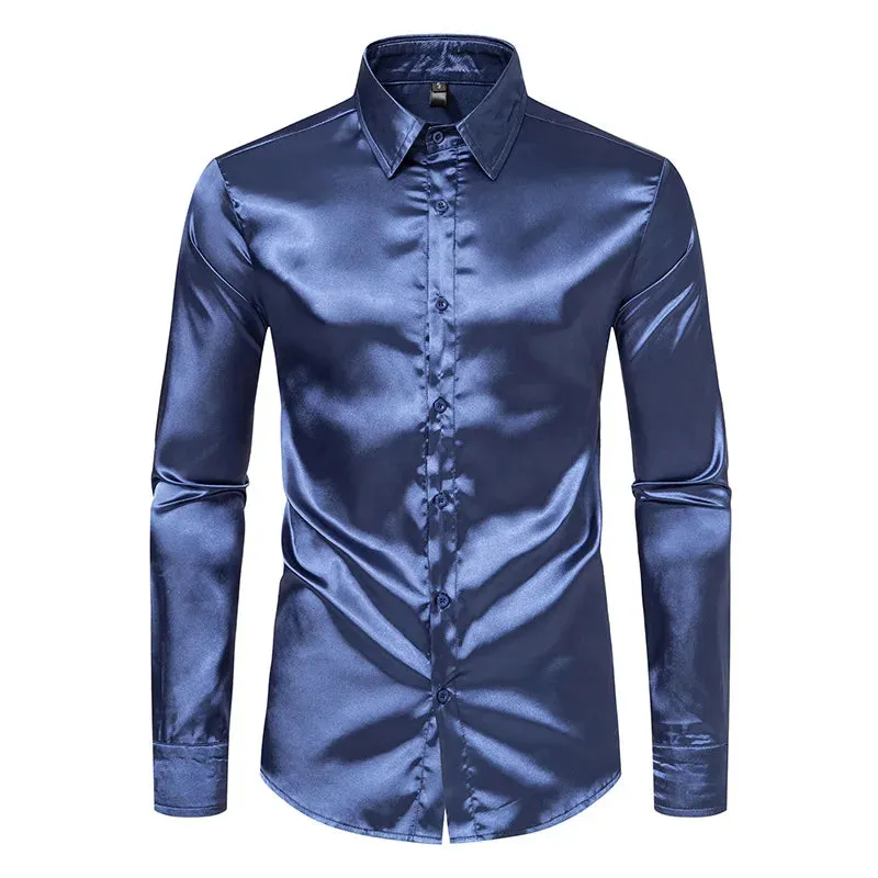 MC - Men’s Black Satin Shirt: Luxury silk smooth tuxedo shirt, slim fit for weddings and parties