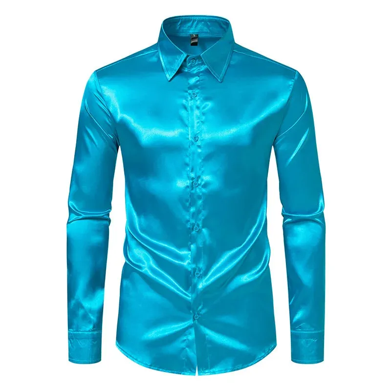 MC - Men’s Black Satin Shirt: Luxury silk smooth tuxedo shirt, slim fit for weddings and parties