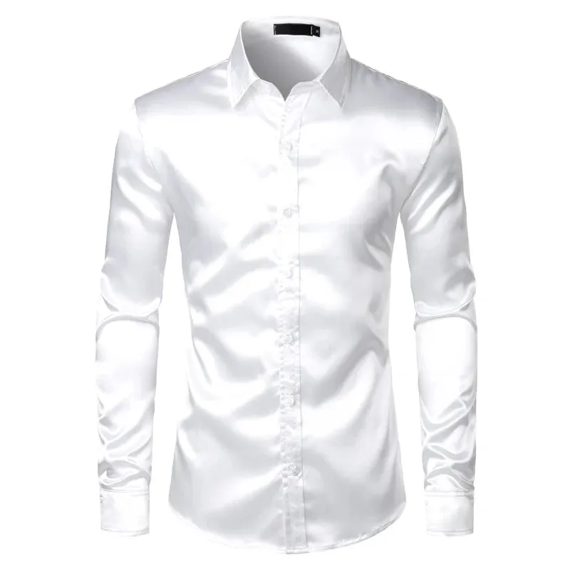 MC - Men’s Black Satin Shirt: Luxury silk smooth tuxedo shirt, slim fit for weddings and parties