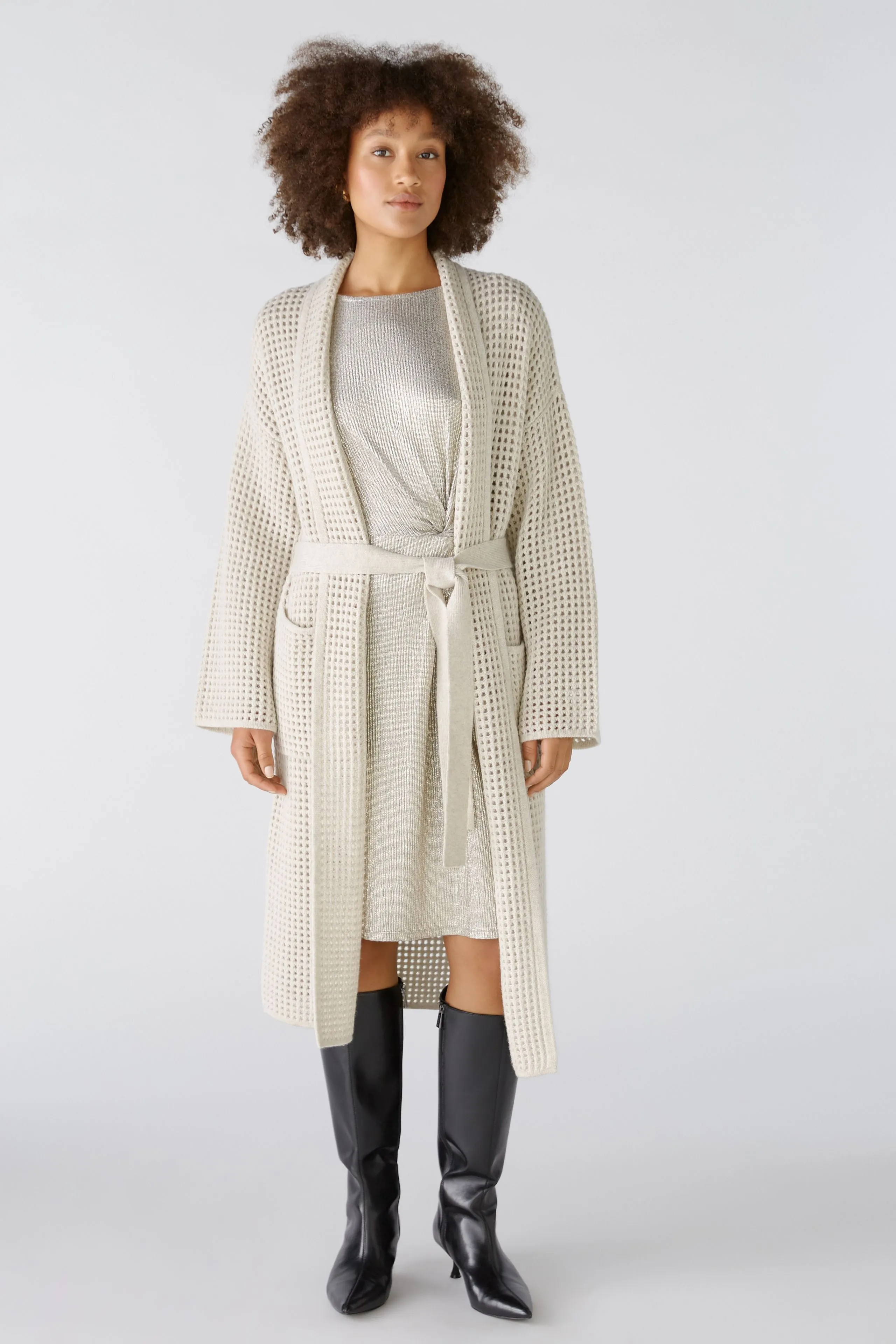 Mesh Look Knitted Coat in Off White