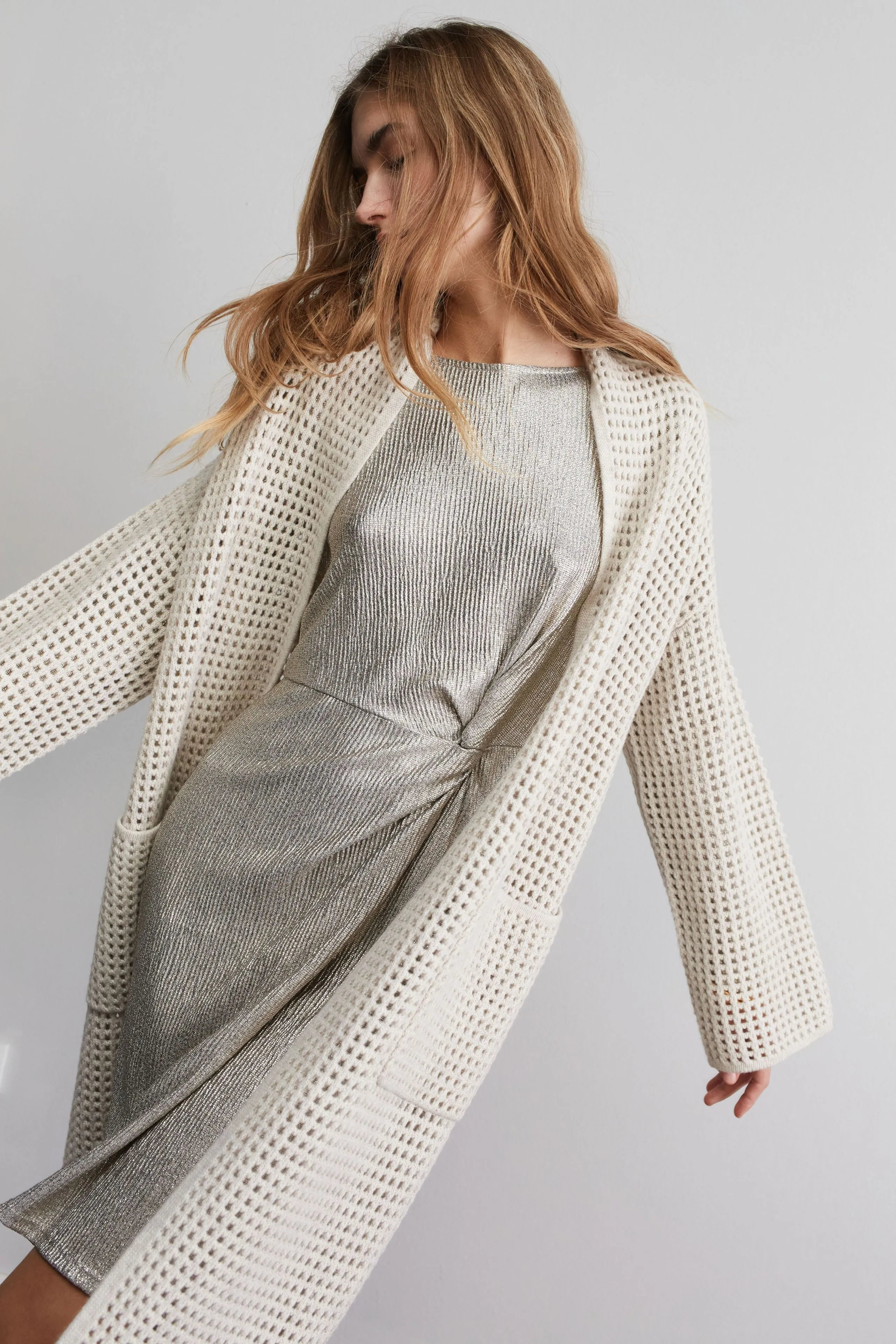 Mesh Look Knitted Coat in Off White