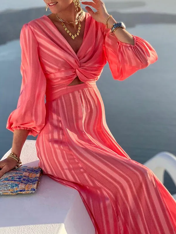 Momnfancy Red Cut Out Knot Puff Sleeve Photoshoot Flowy Maternity Maxi Dress