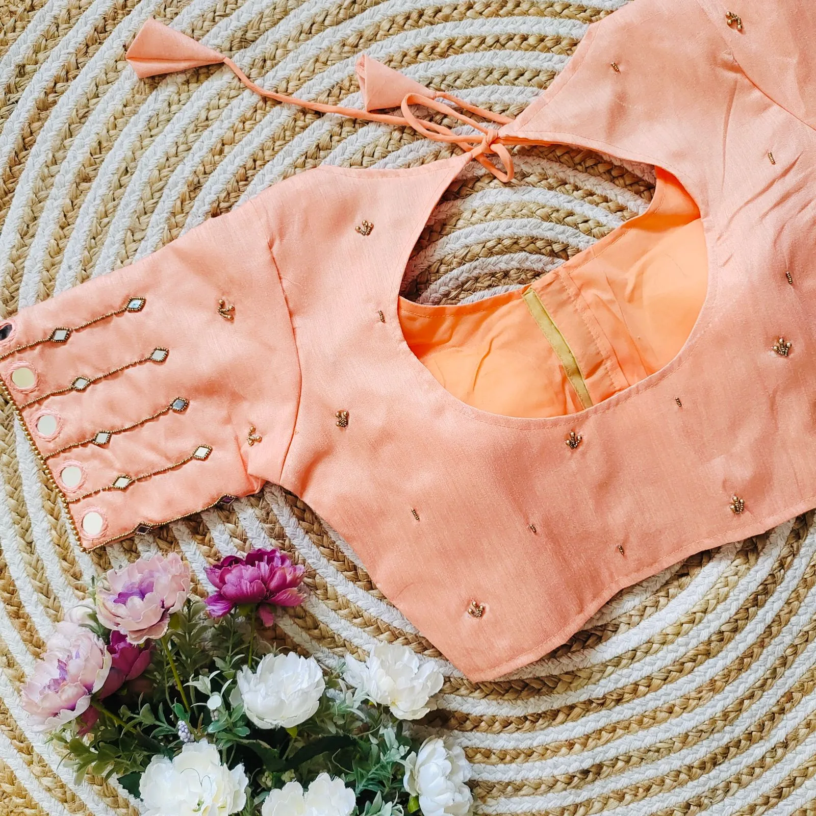 Orange Russian Silk Blouse with Mirror and Pearl Embellishments