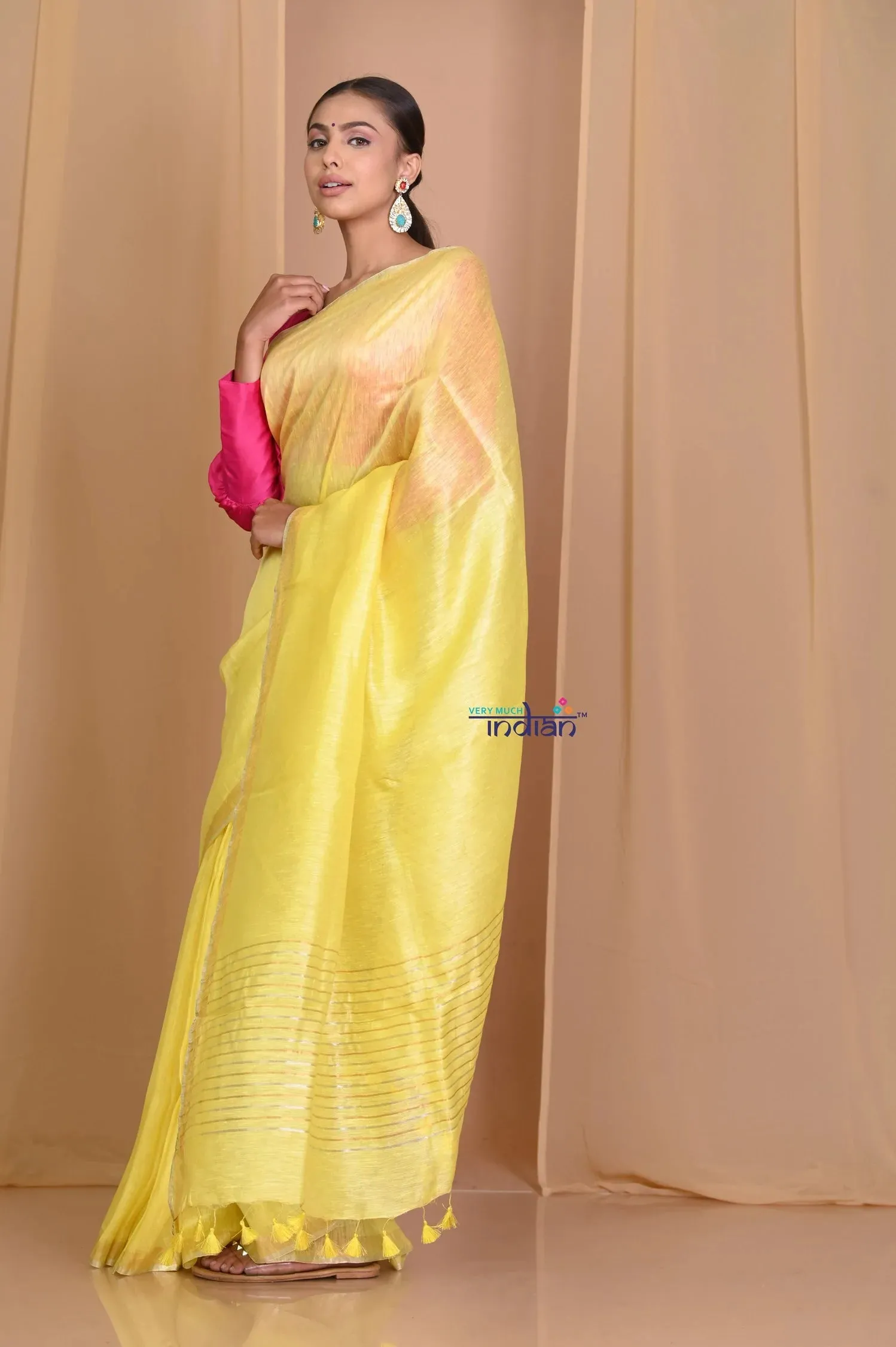 Pehal~Fresh Yellow Pure Linen Silk With Sleek Border