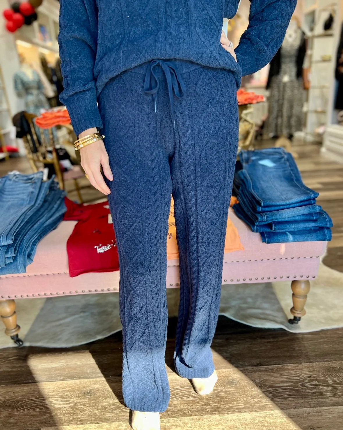 PJ Salvage Chenille Cozy Cable Sweater and pant Midnight Navy