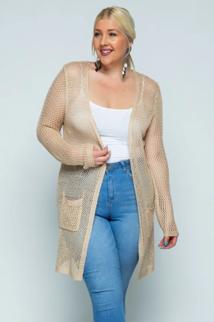 Plus Crochet Knit Long Open Cardigan