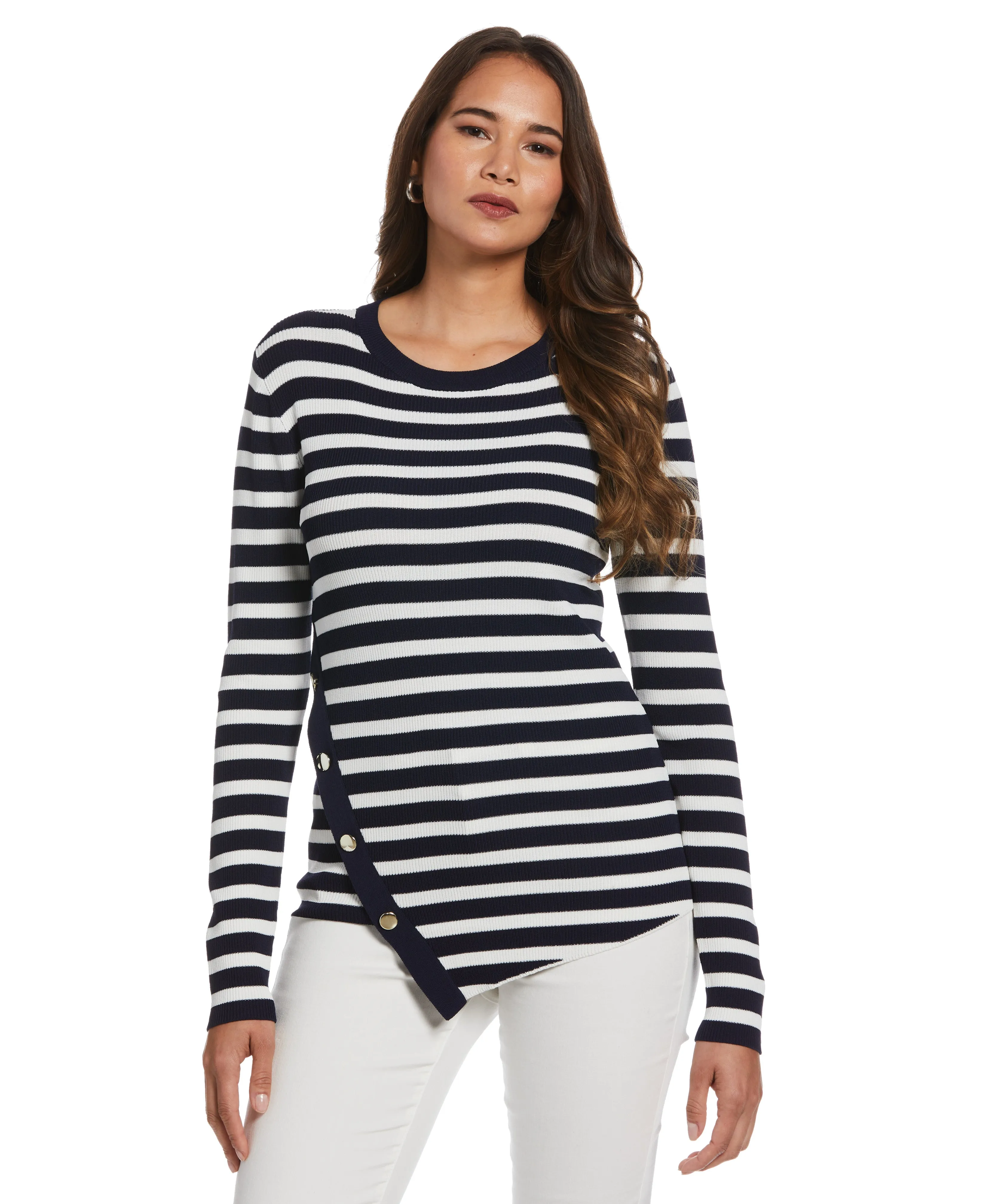 Plus Size Snap Trim Stripe Asymmetrical Sweater