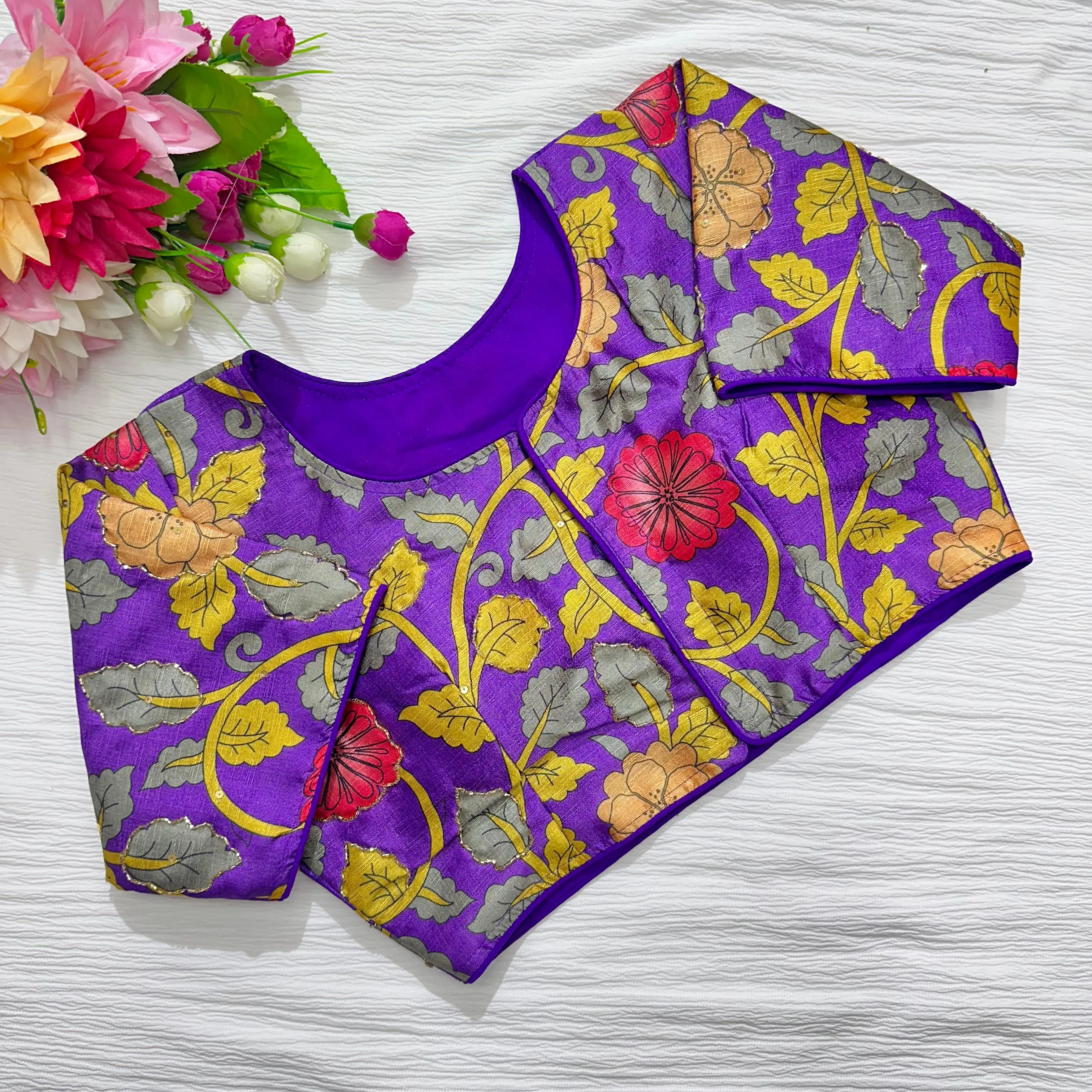 Purple Pure Silk Blouse with Antique Handcrafted Detailing