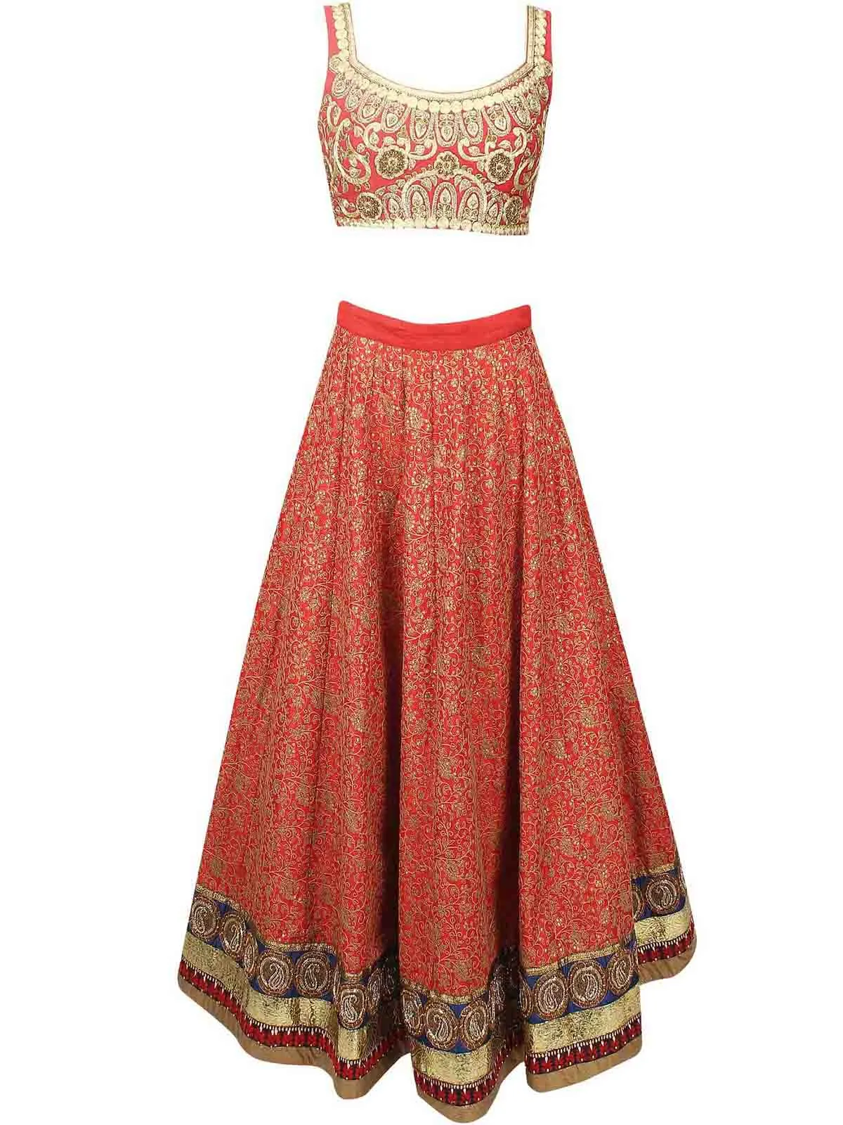 Red Embroidered Art Silk Semi Stitched Lehenga With Unstitched Blouse