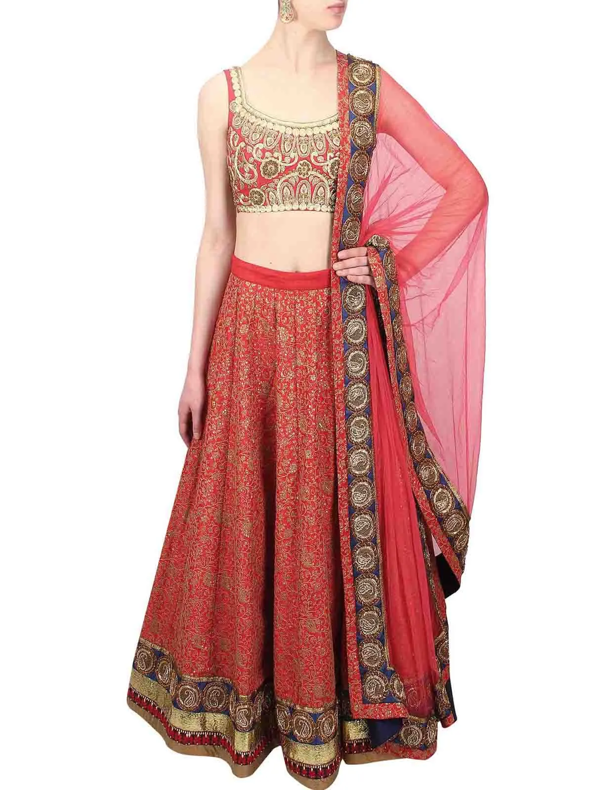 Red Embroidered Art Silk Semi Stitched Lehenga With Unstitched Blouse