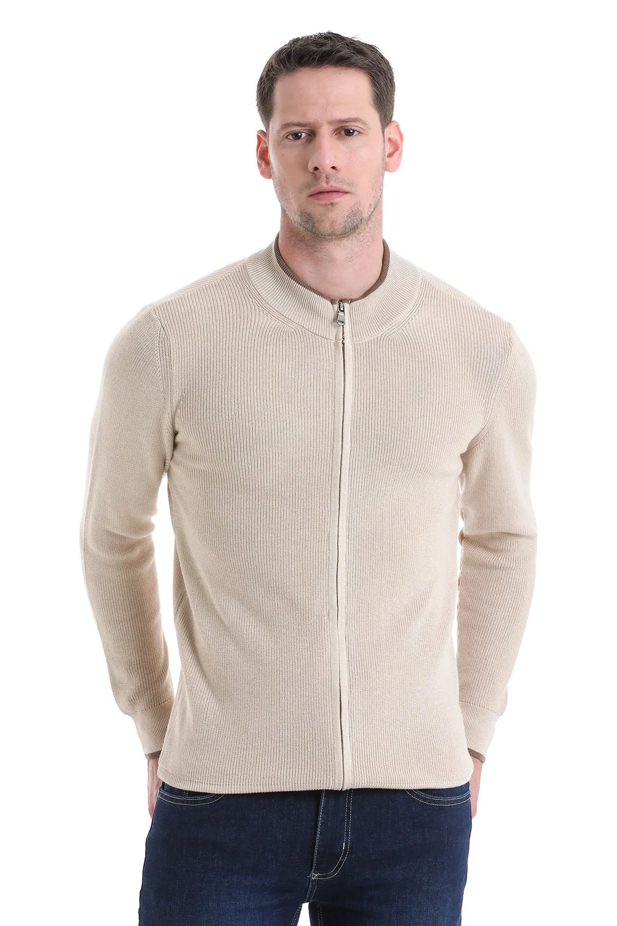 Regular Fit Beige Cotton Blend Mock Neck Cardigan