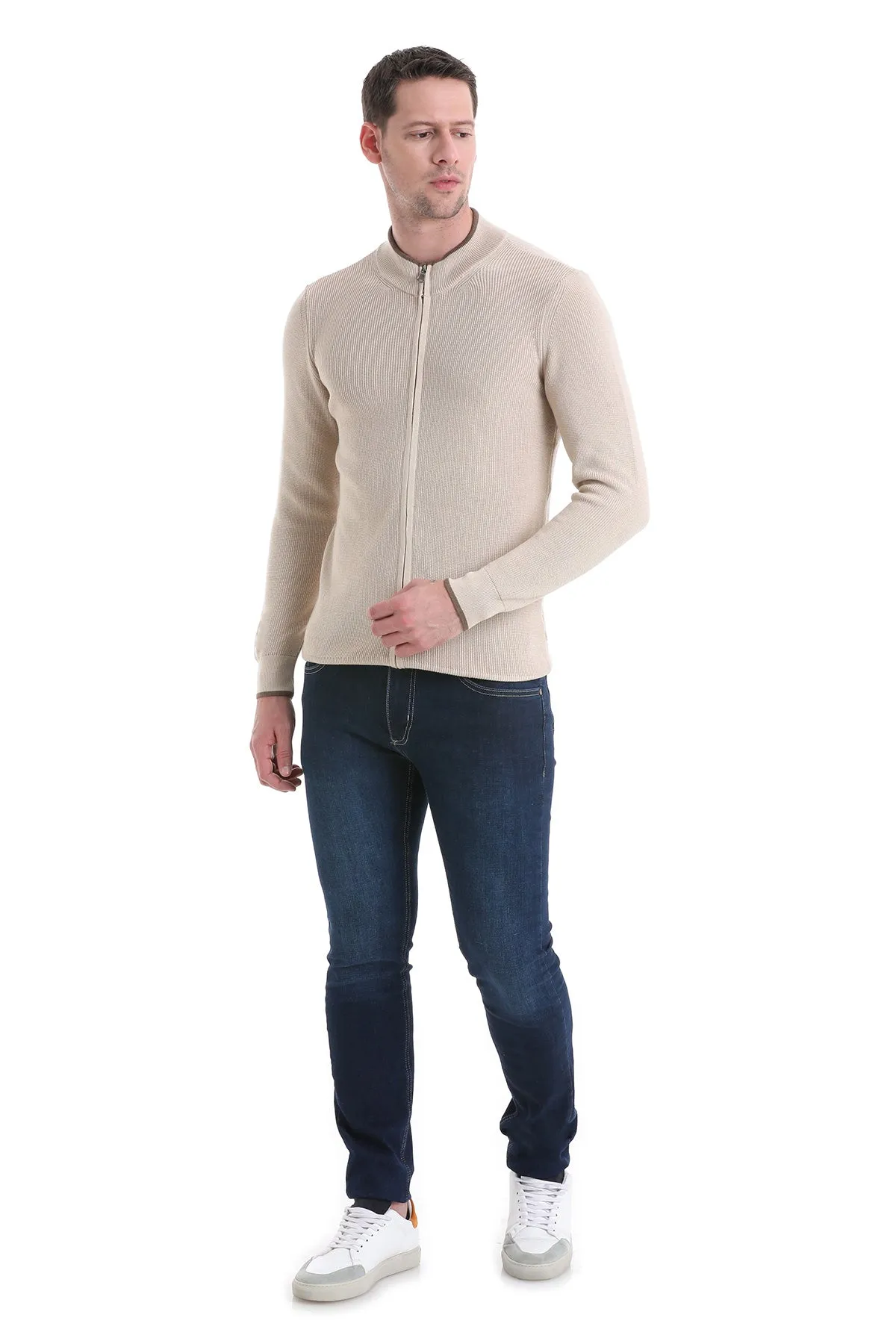 Regular Fit Beige Cotton Blend Mock Neck Cardigan