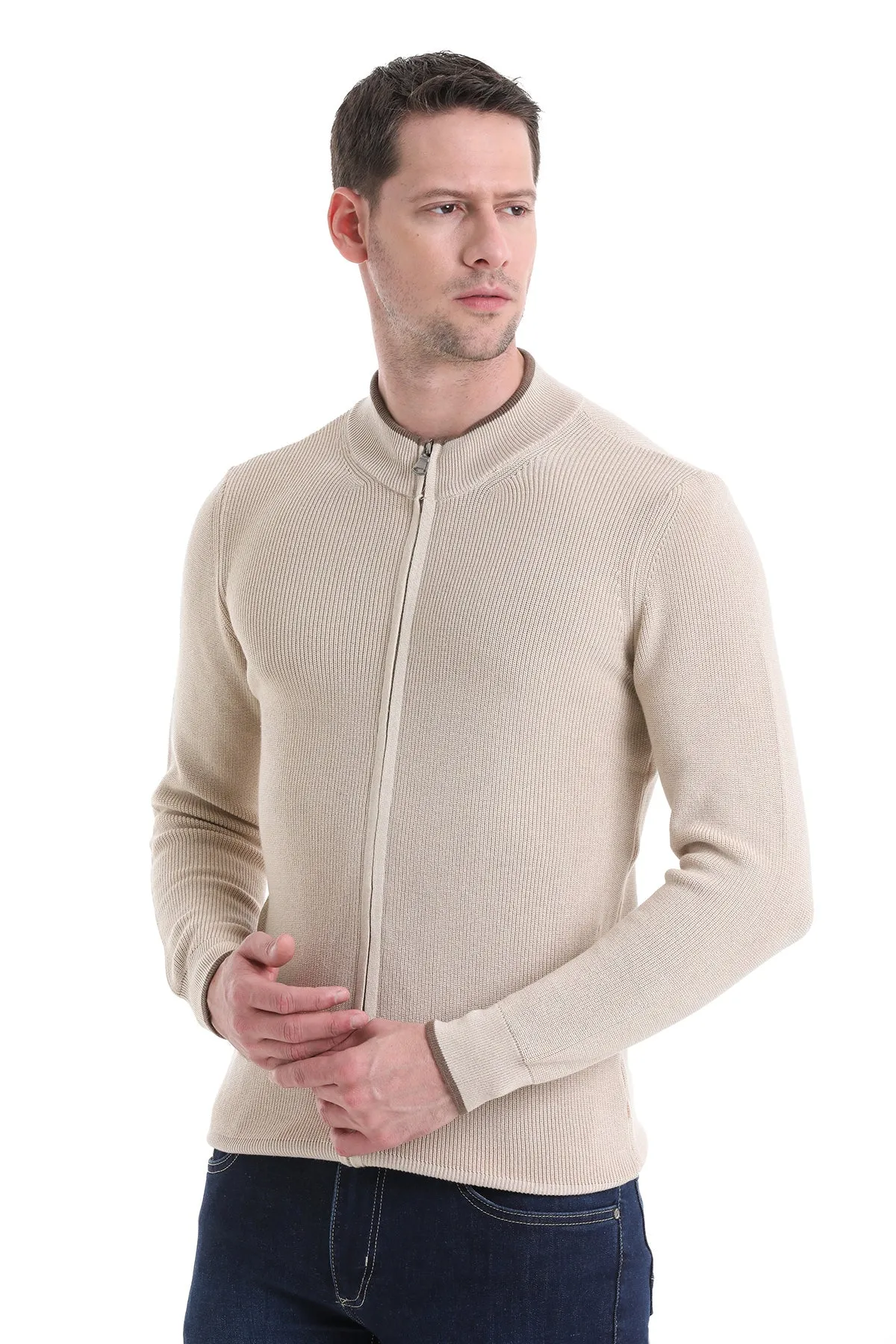 Regular Fit Beige Cotton Blend Mock Neck Cardigan