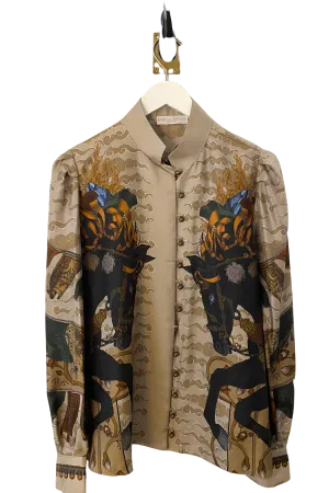 Sabina Savage "The Wind Horse" Silk Stand Collar Blouse Coal/Cloud