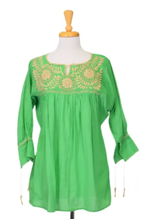 SALE - Girasole Mexican Blouse, Spring Green and Taupe