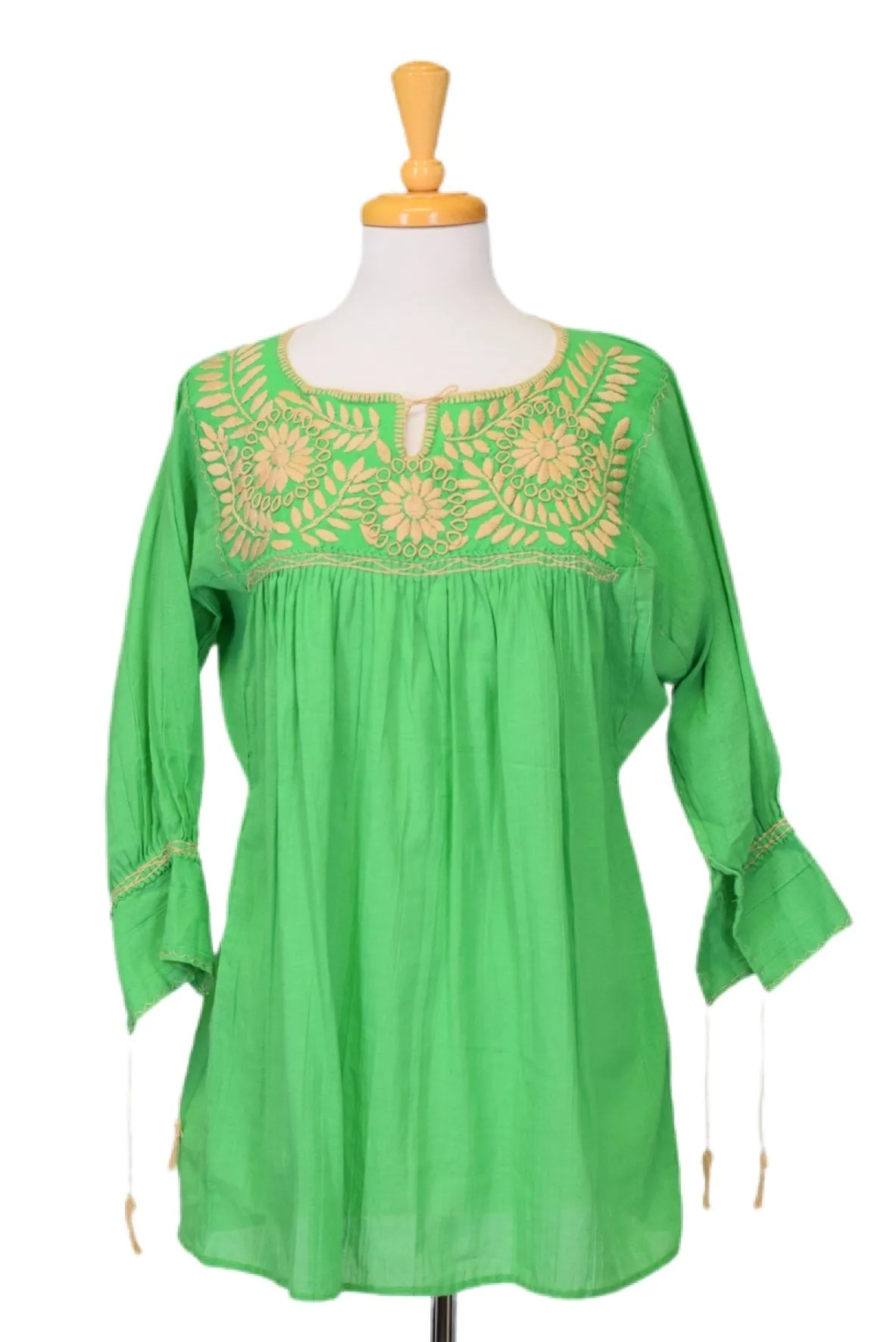 SALE - Girasole Mexican Blouse, Spring Green and Taupe