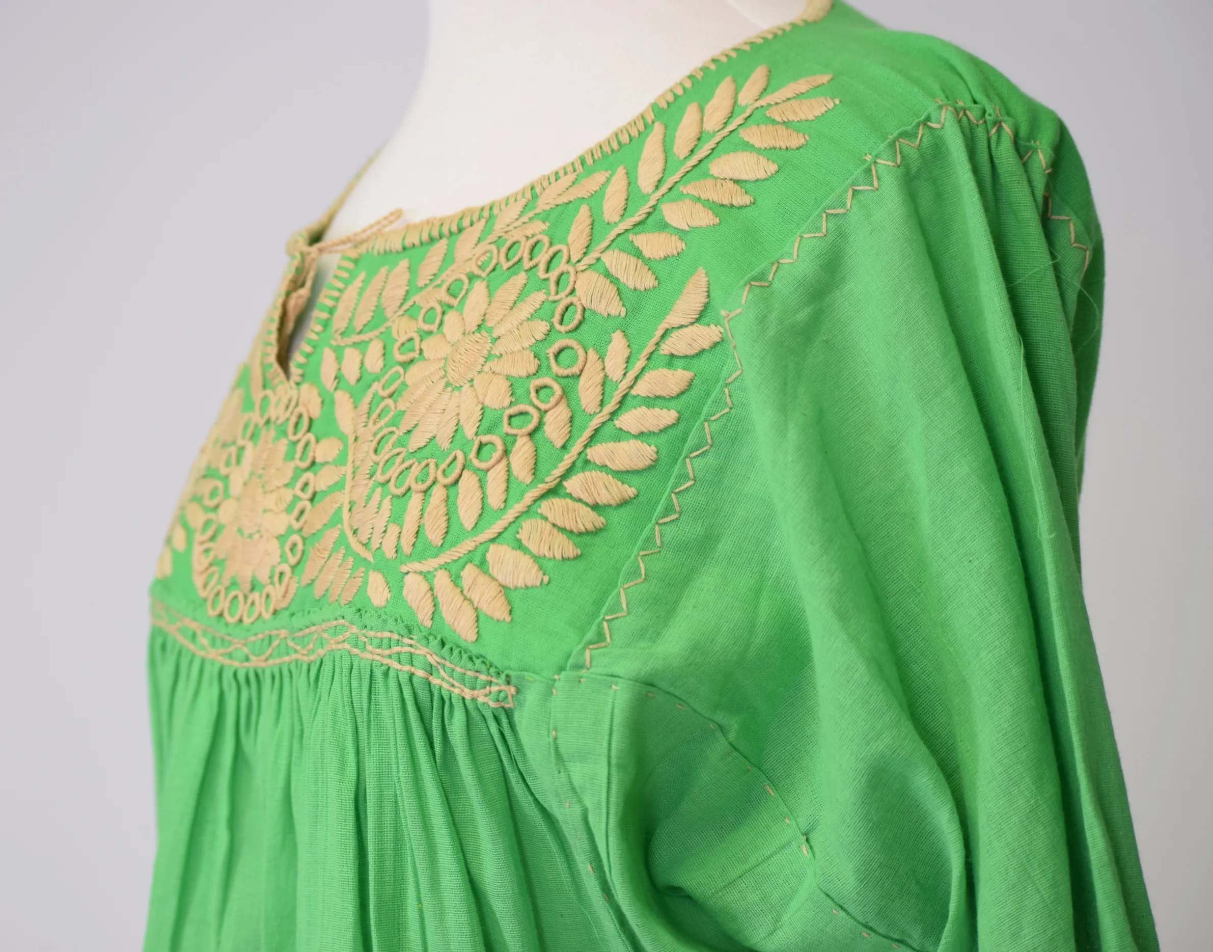 SALE - Girasole Mexican Blouse, Spring Green and Taupe