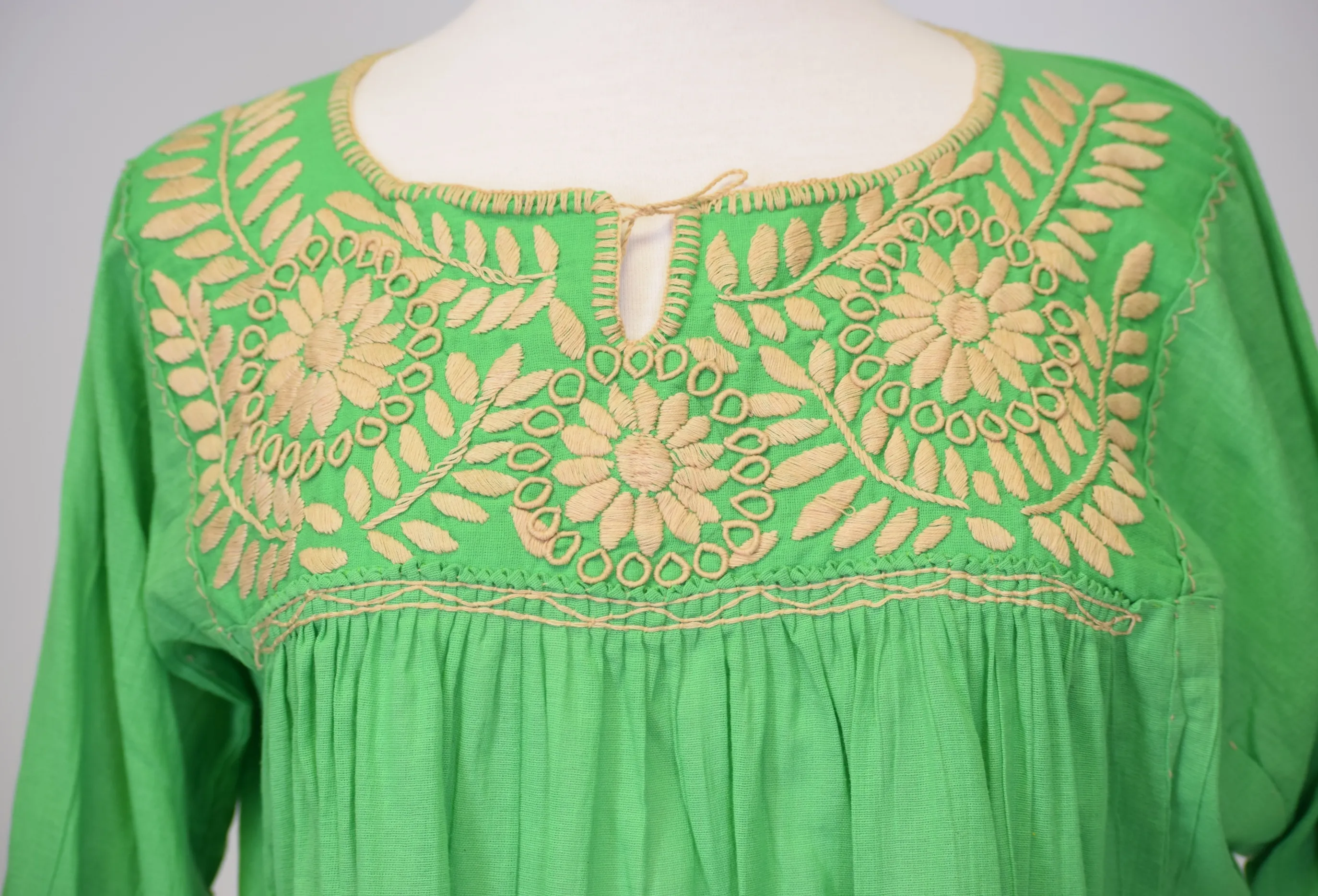 SALE - Girasole Mexican Blouse, Spring Green and Taupe