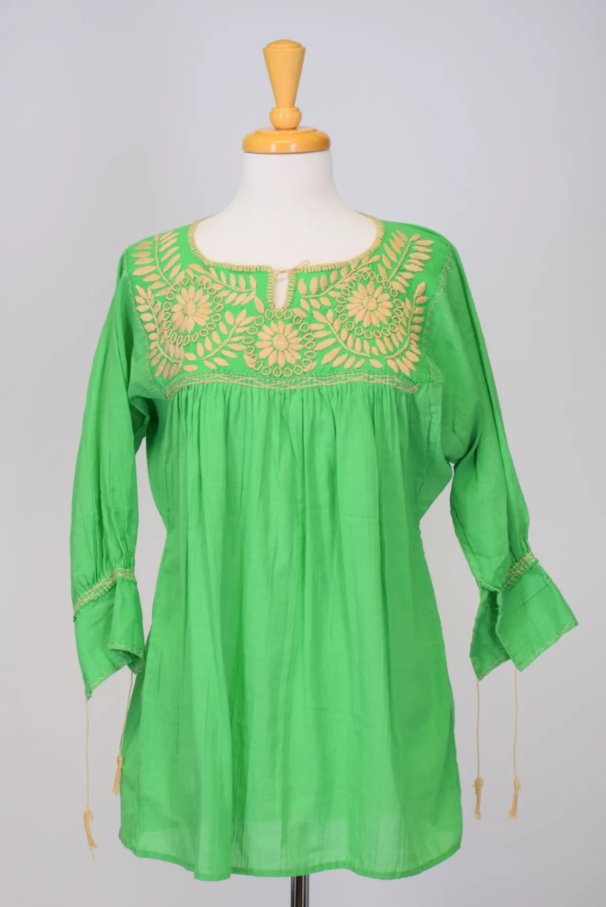 SALE - Girasole Mexican Blouse, Spring Green and Taupe