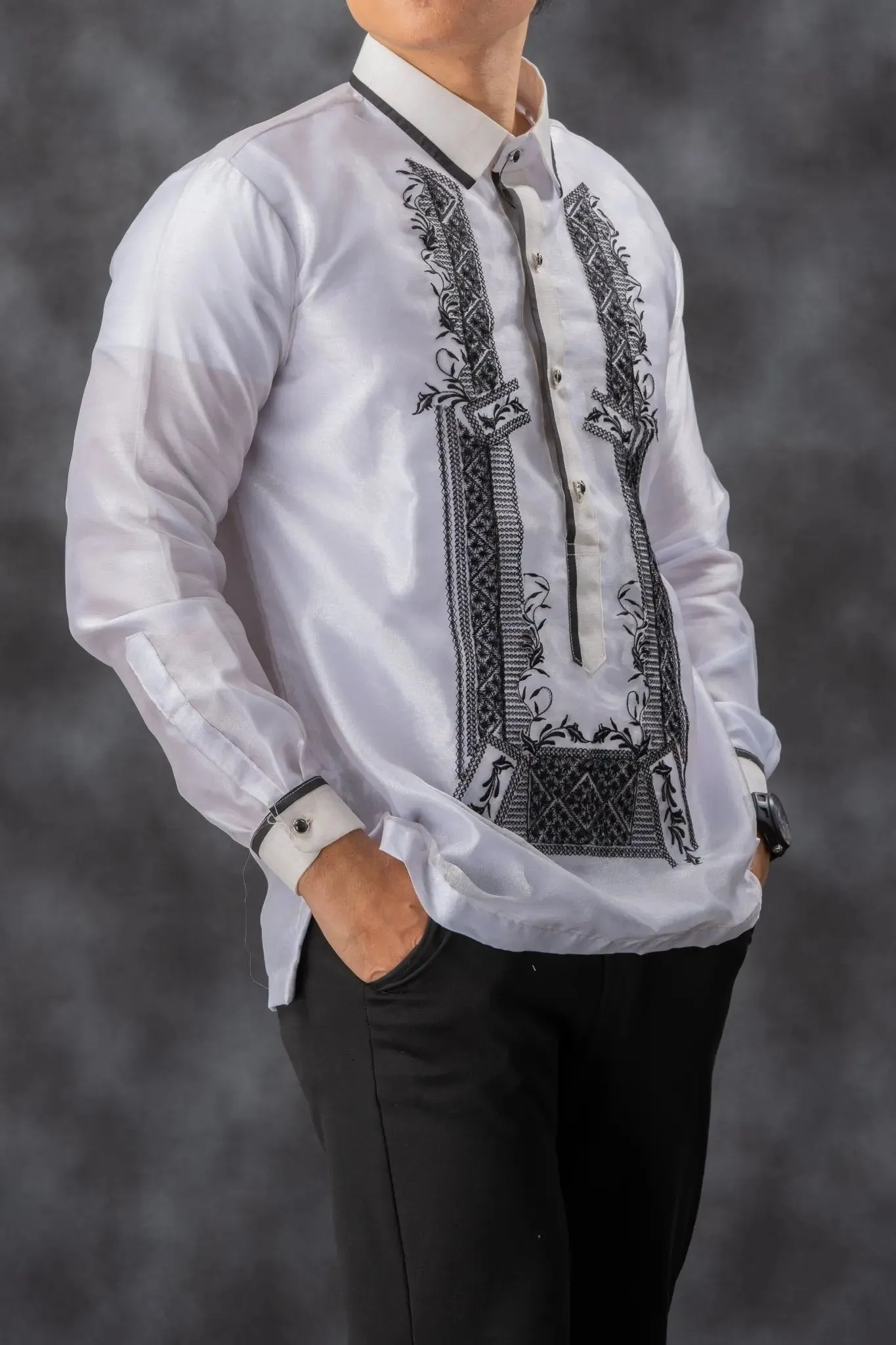 SANTIAGO Piña Organza Men's Barong in Black with Sport Collar - White Lining