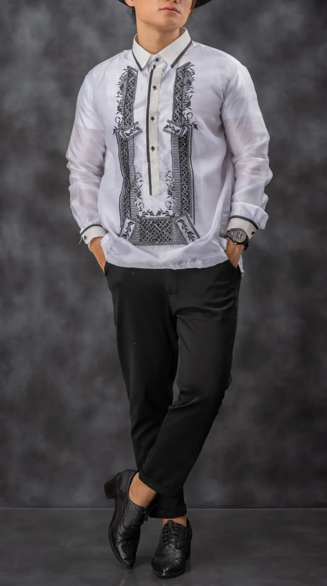 SANTIAGO Piña Organza Men's Barong in Black with Sport Collar - White Lining