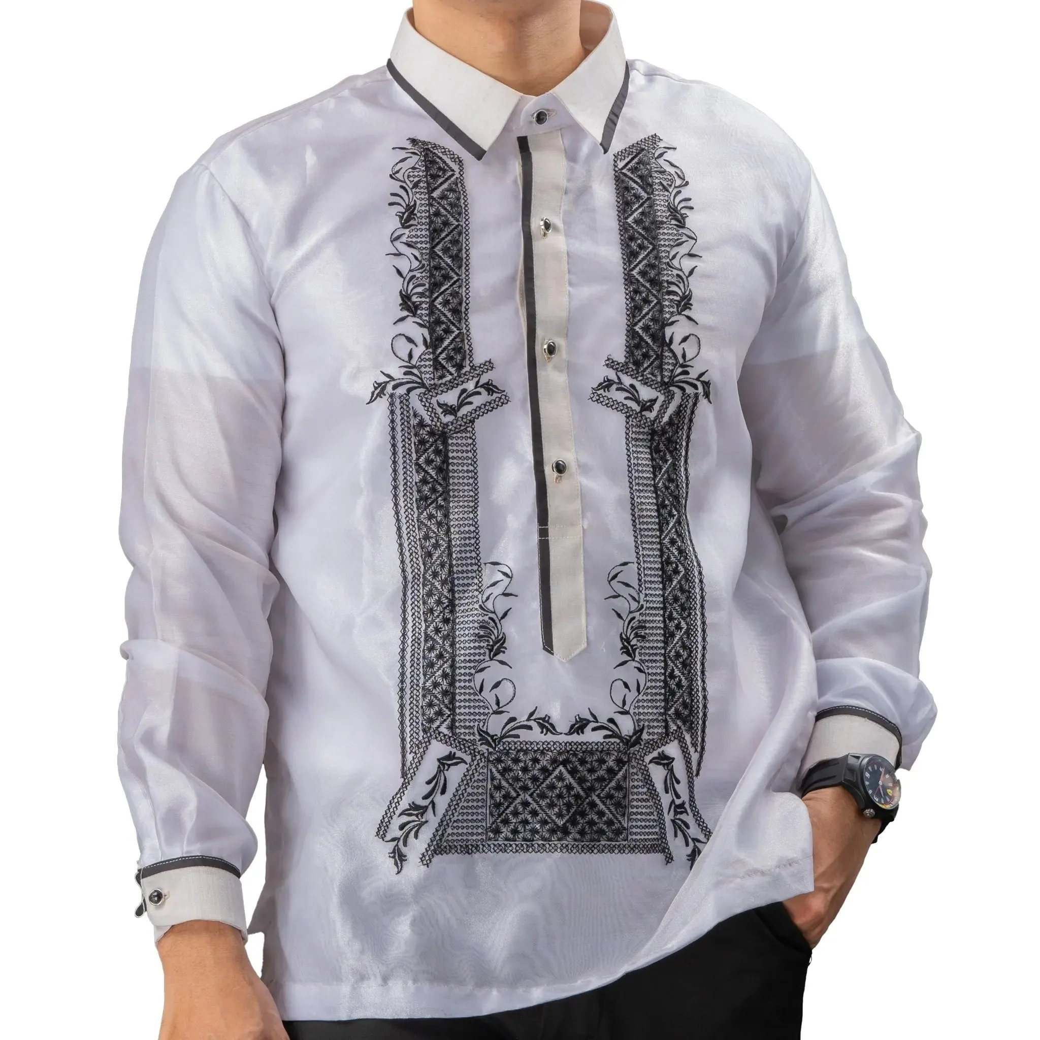 SANTIAGO Piña Organza Men's Barong in Black with Sport Collar - White Lining