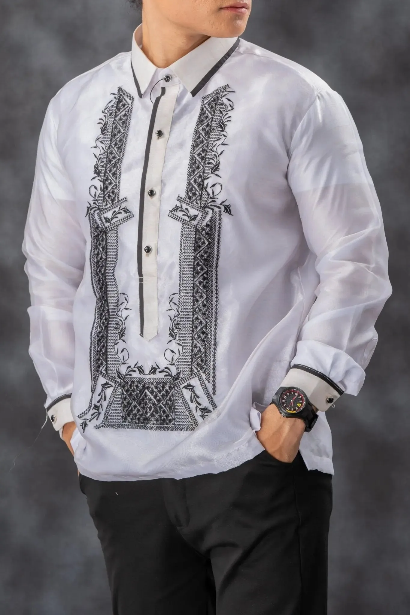 SANTIAGO Piña Organza Men's Barong in Black with Sport Collar - White Lining