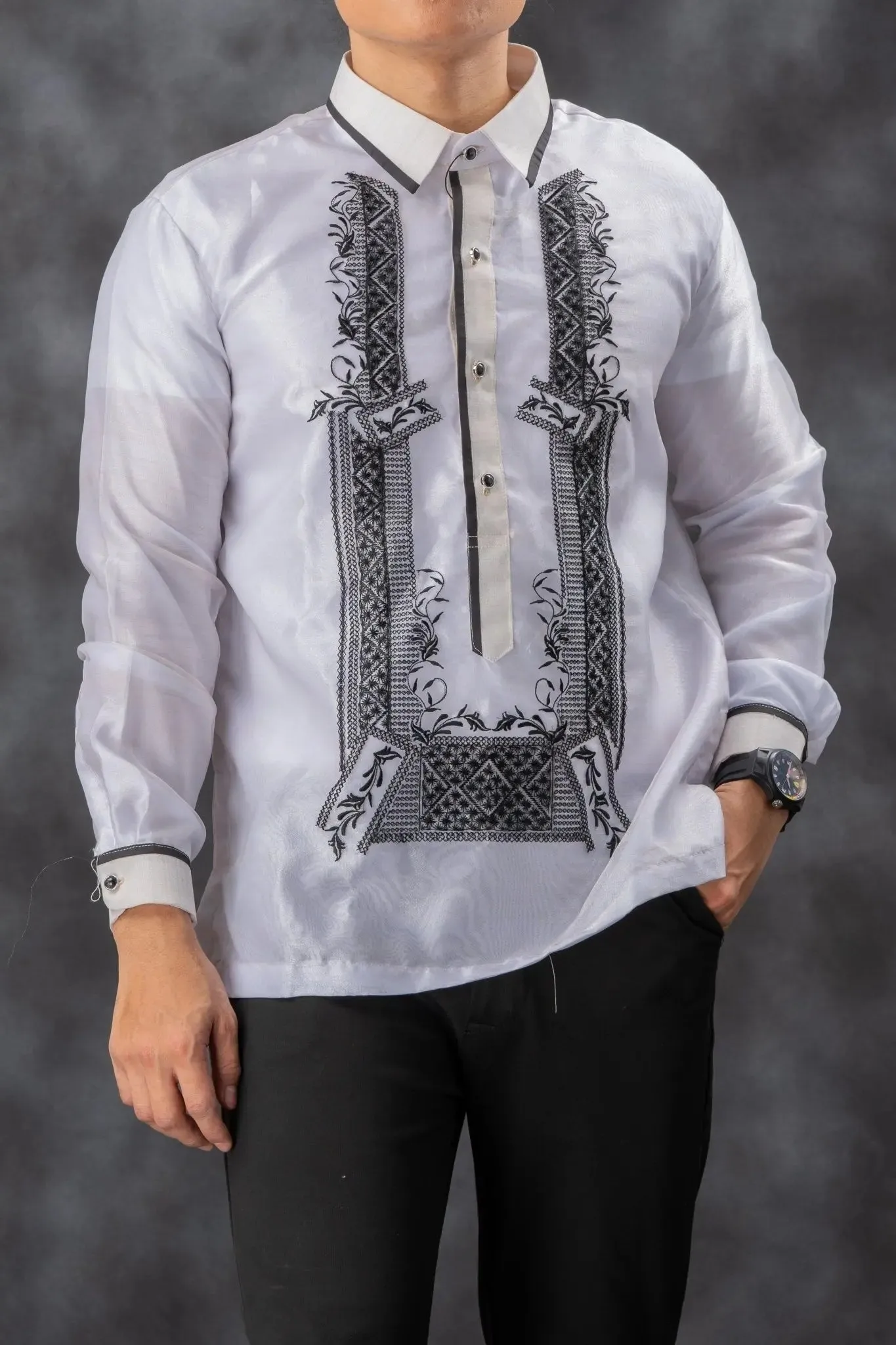 SANTIAGO Piña Organza Men's Barong in Black with Sport Collar - White Lining