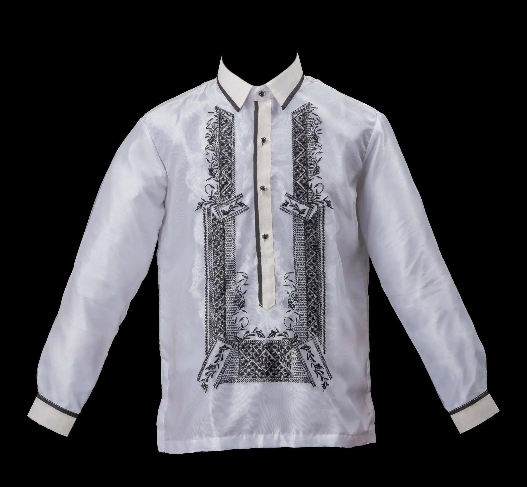 SANTIAGO Piña Organza Men's Barong in Black with Sport Collar - White Lining