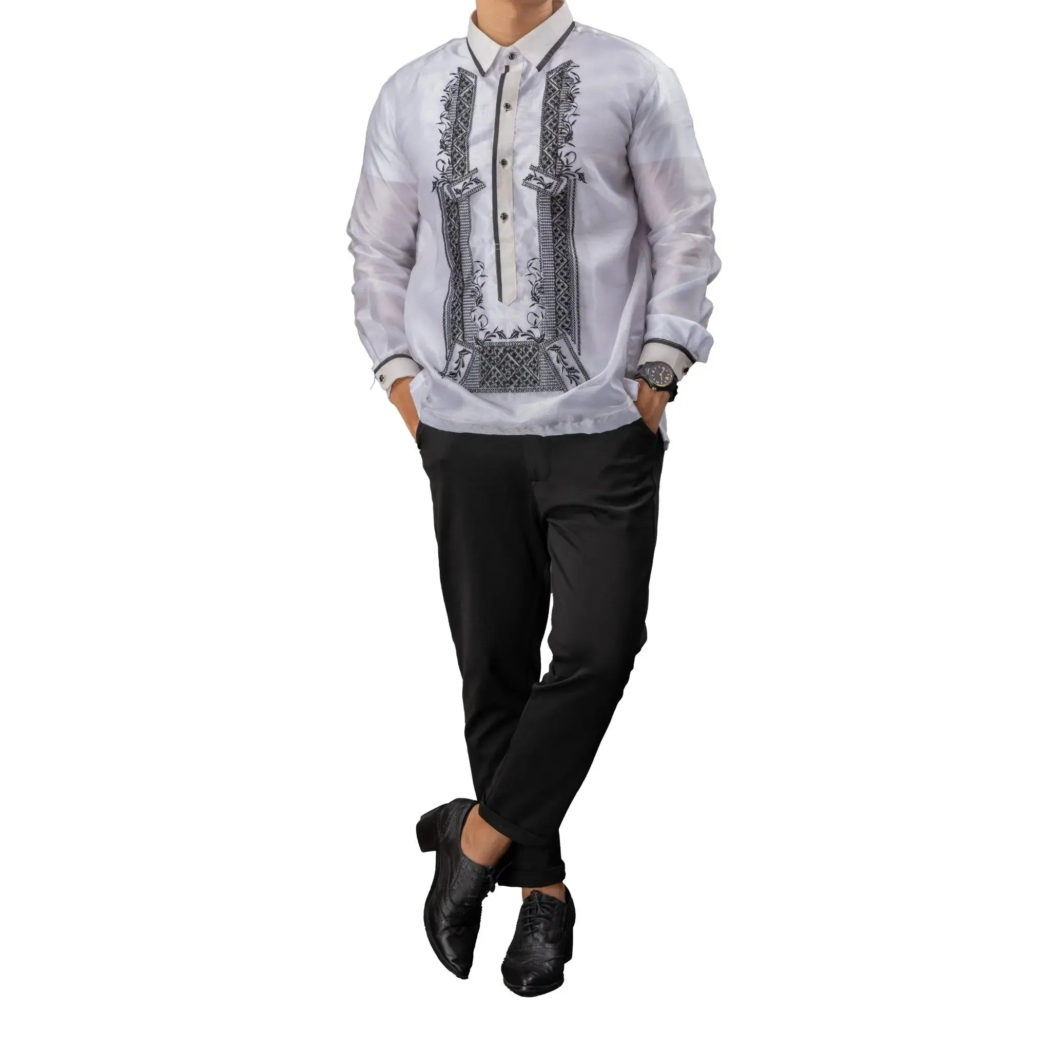 SANTIAGO Piña Organza Men's Barong in Black with Sport Collar - White Lining