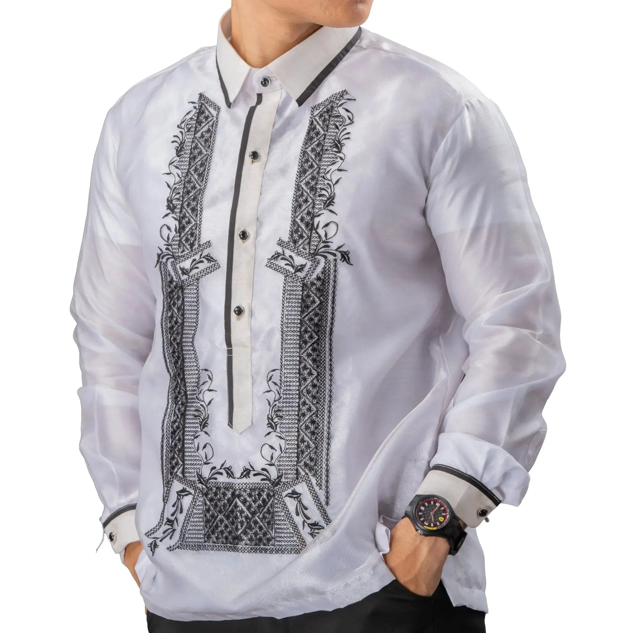 SANTIAGO Piña Organza Men's Barong in Black with Sport Collar - White Lining