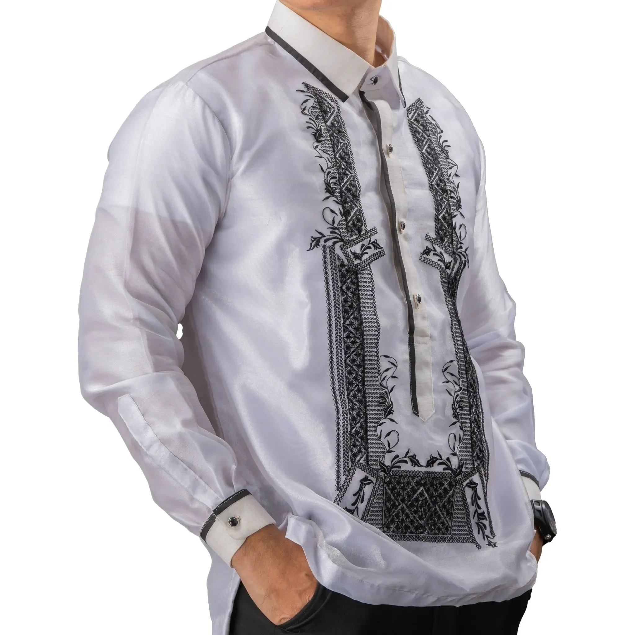 SANTIAGO Piña Organza Men's Barong in Black with Sport Collar - White Lining