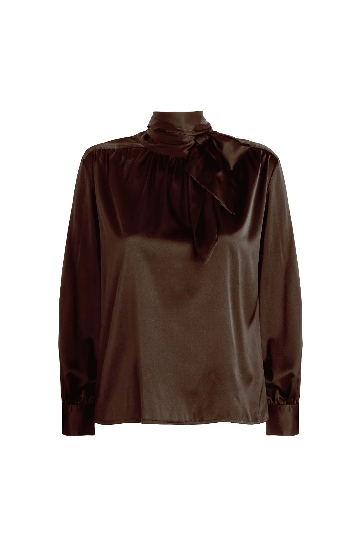 Silk Tie Neck Blouse - Brown