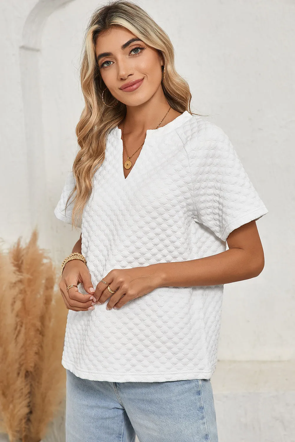 Split Neck Quilted Raglan Sleeve Blouse