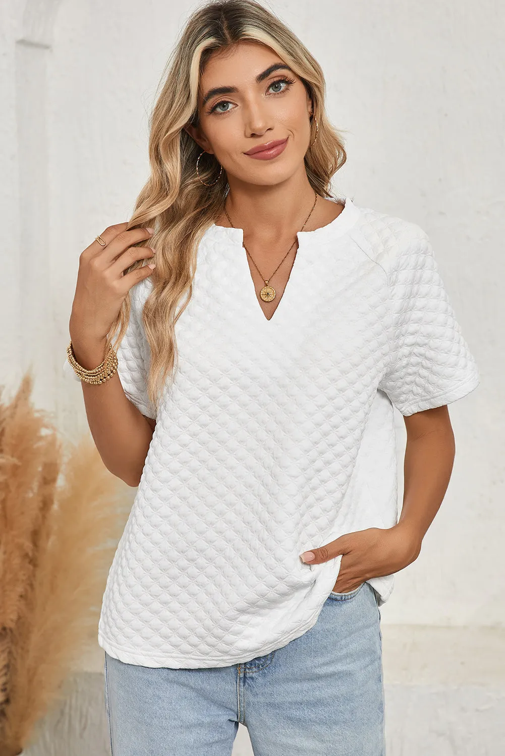 Split Neck Quilted Raglan Sleeve Blouse