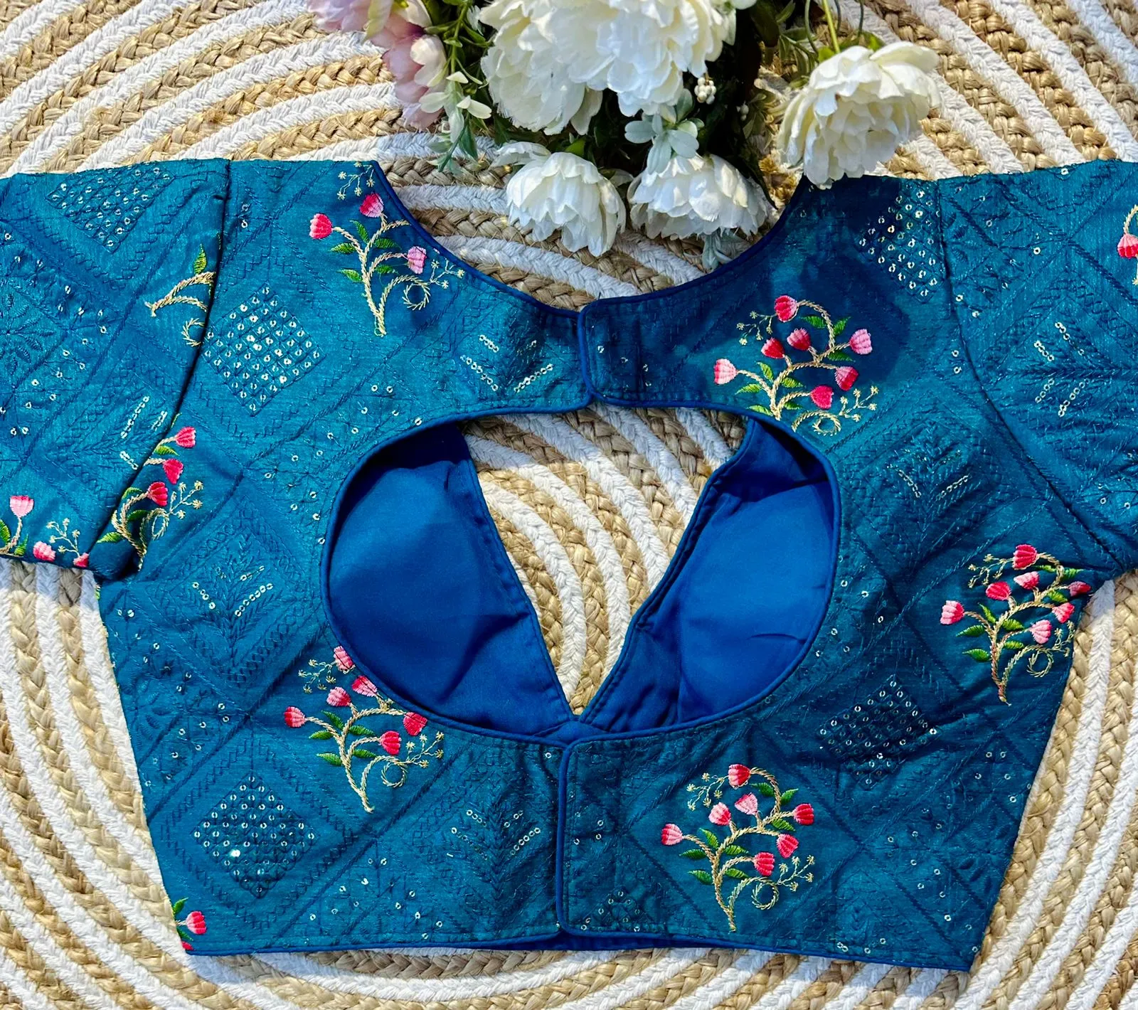 Teal Blue Blooming Silk Blouse with Sequins and Tone-on-Tone Thread Work