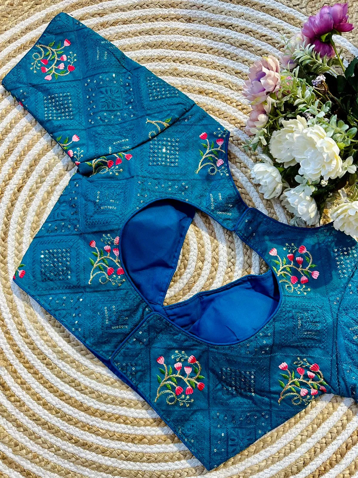 Teal Blue Blooming Silk Blouse with Sequins and Tone-on-Tone Thread Work