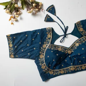 Teal Blue Olive Silk Blouse with Golden Embroidery and Sequins