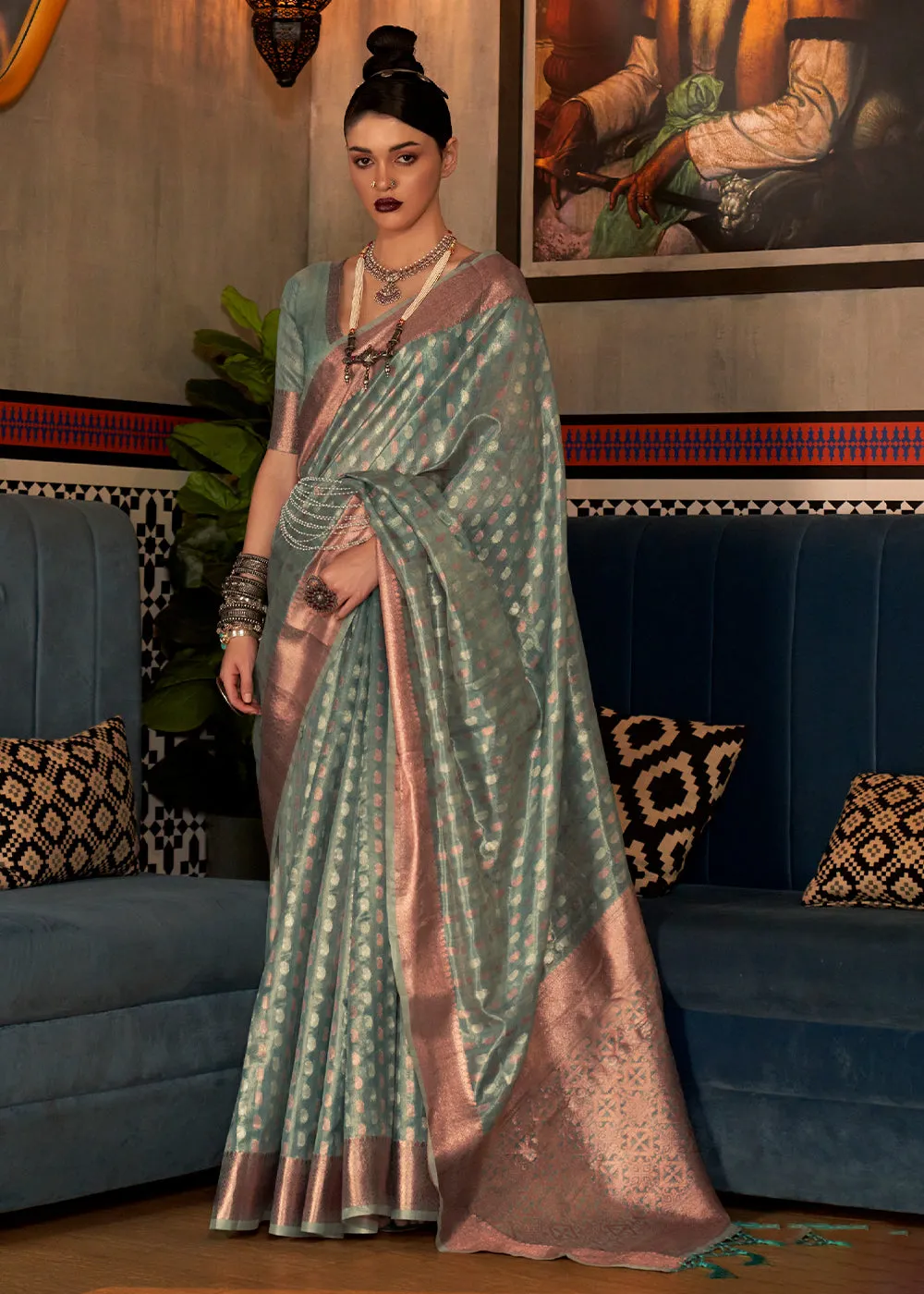 Viridian Green Zari Woven Tissue Silk Saree