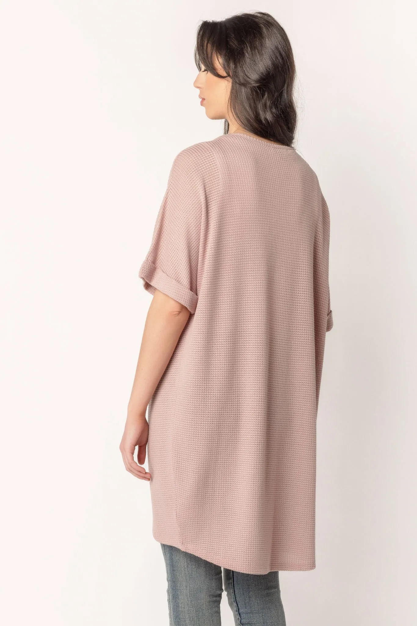 Waffle Knit Short Sleeve Cocoon Cardigan