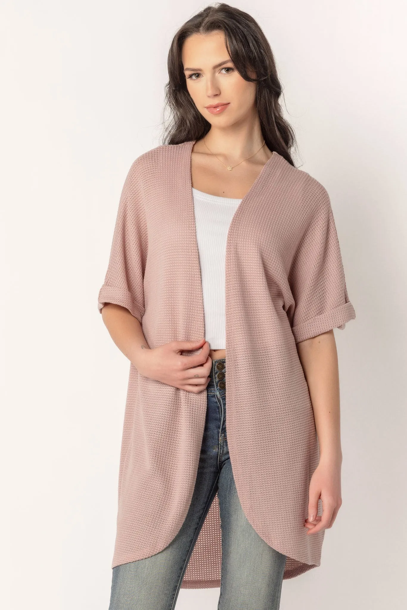 Waffle Knit Short Sleeve Cocoon Cardigan