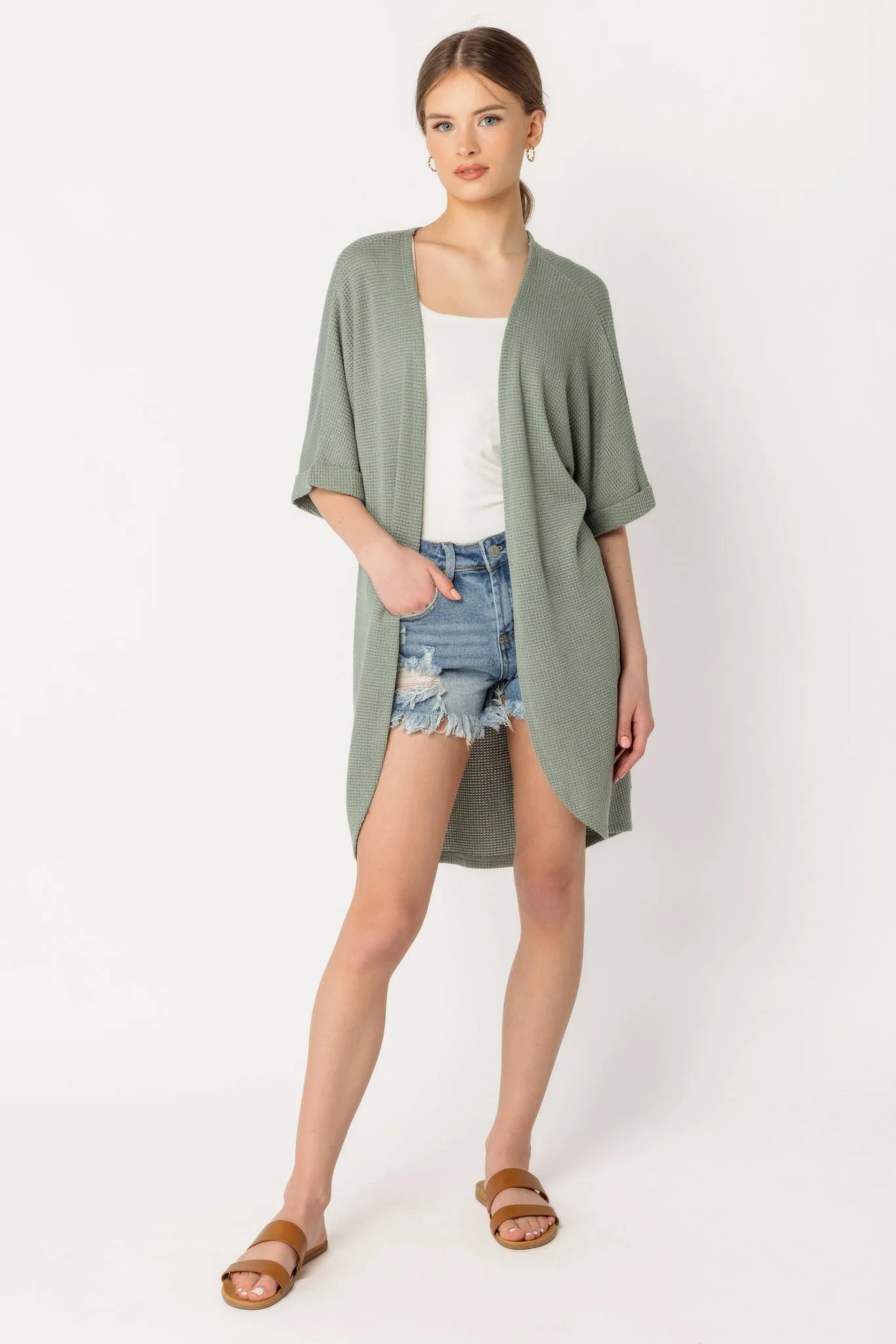 Waffle Knit Short Sleeve Cocoon Cardigan