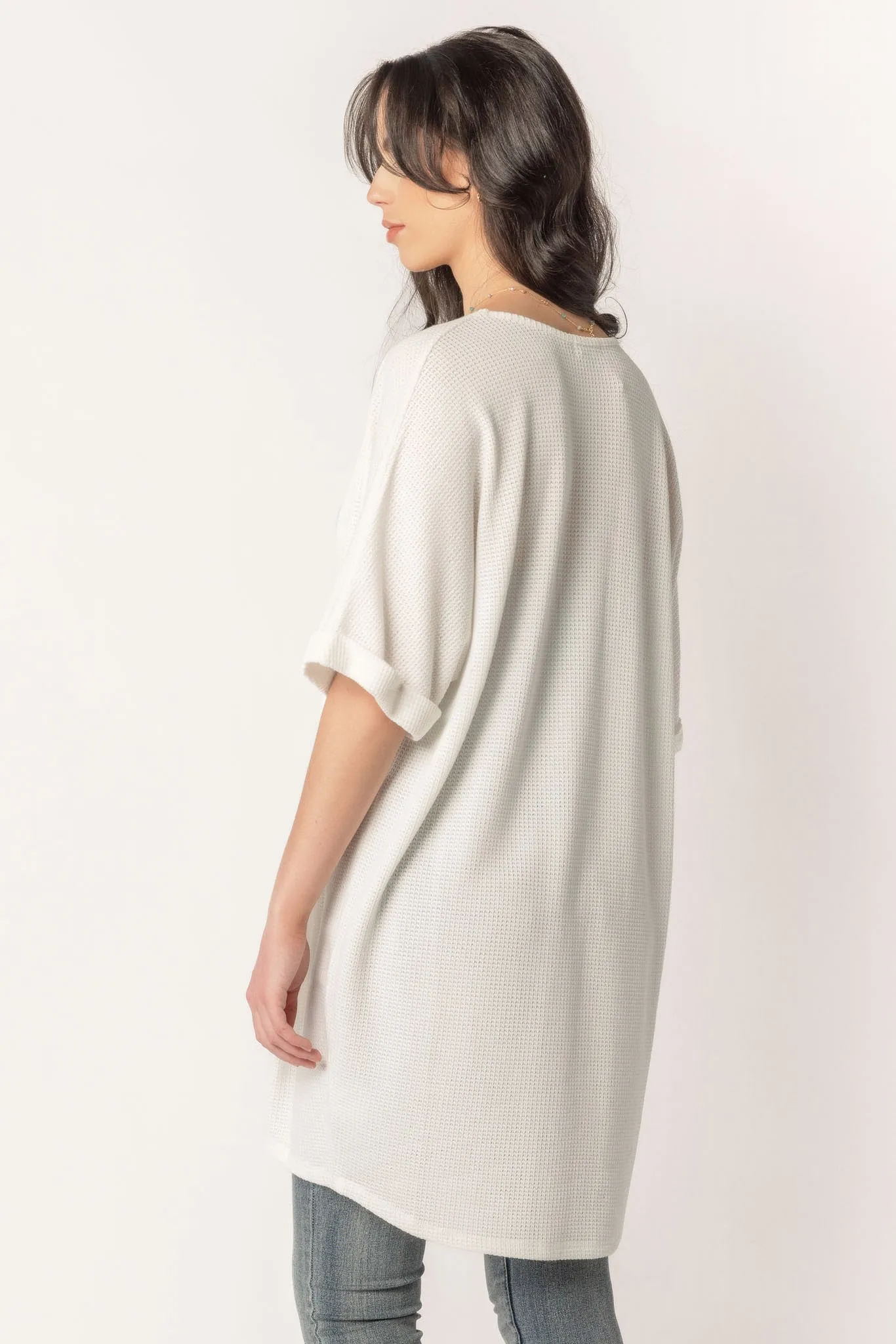 Waffle Knit Short Sleeve Cocoon Cardigan