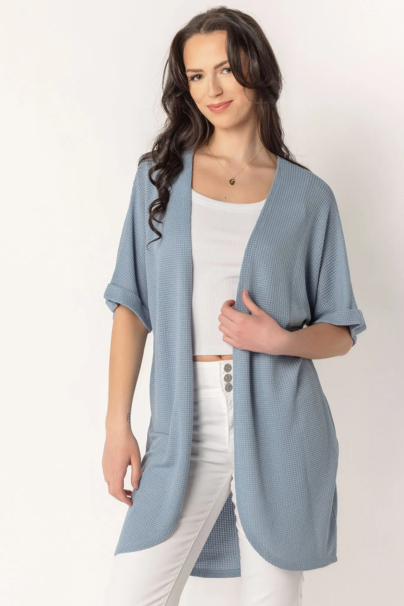 Waffle Knit Short Sleeve Cocoon Cardigan