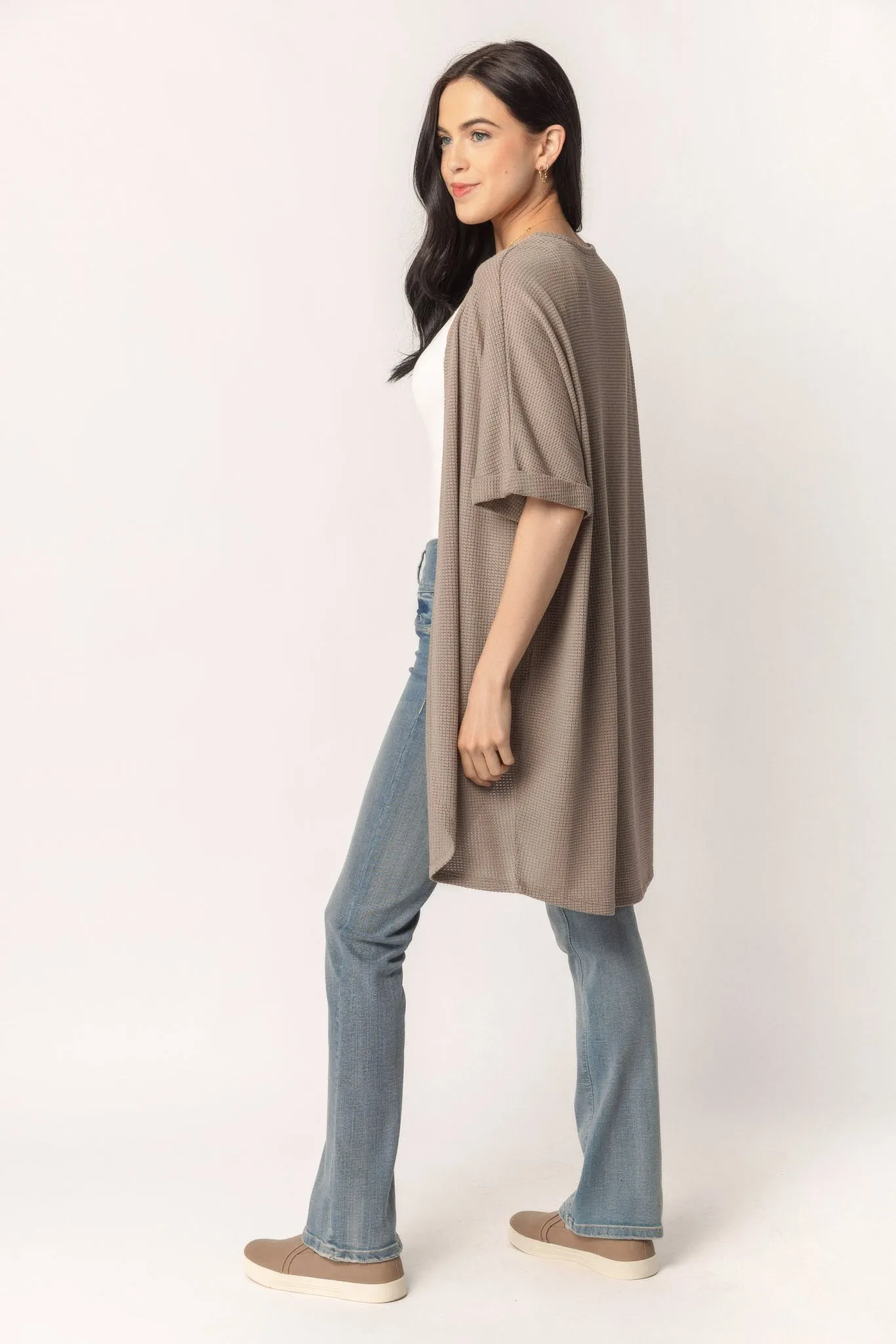 Waffle Knit Short Sleeve Cocoon Cardigan