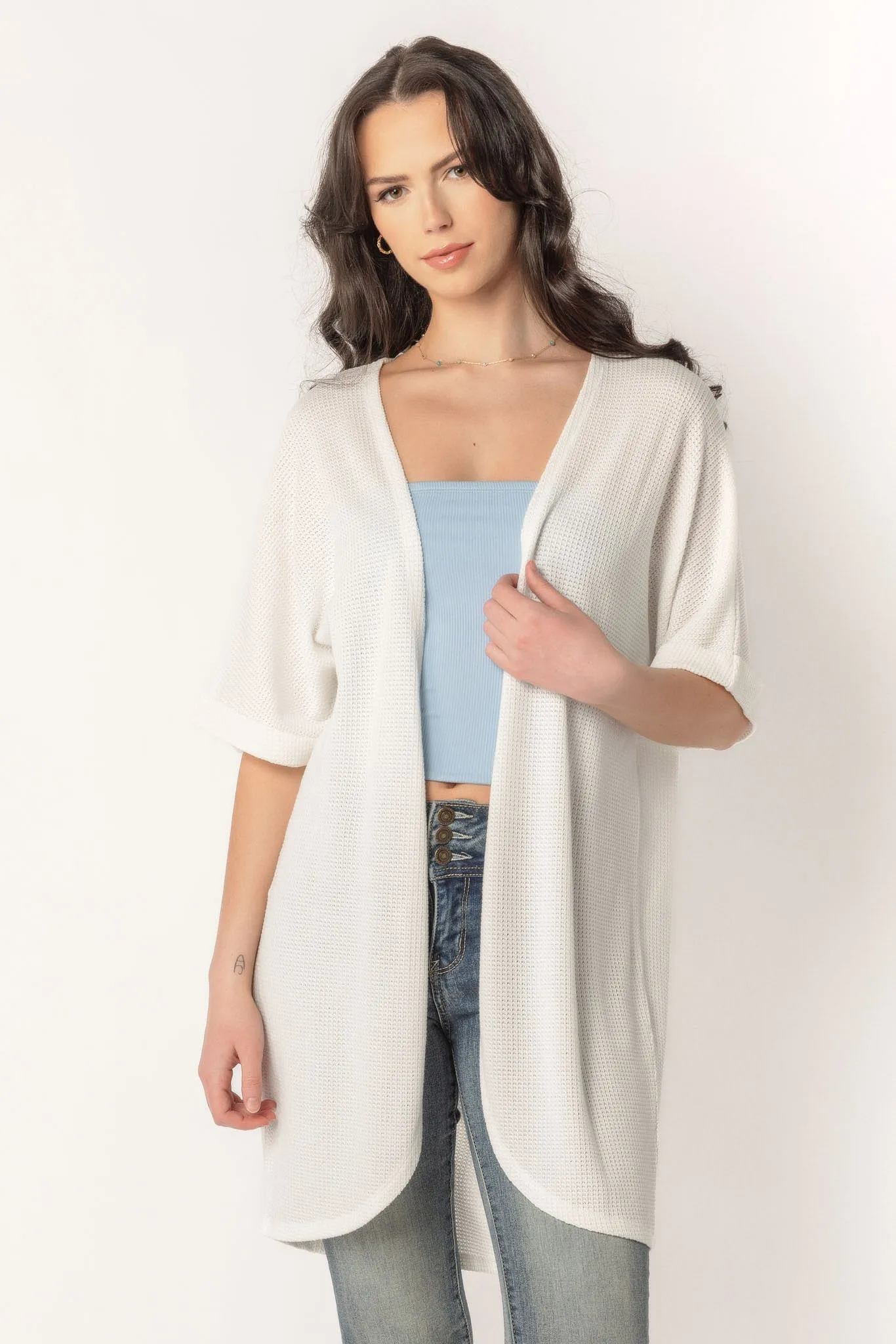 Waffle Knit Short Sleeve Cocoon Cardigan