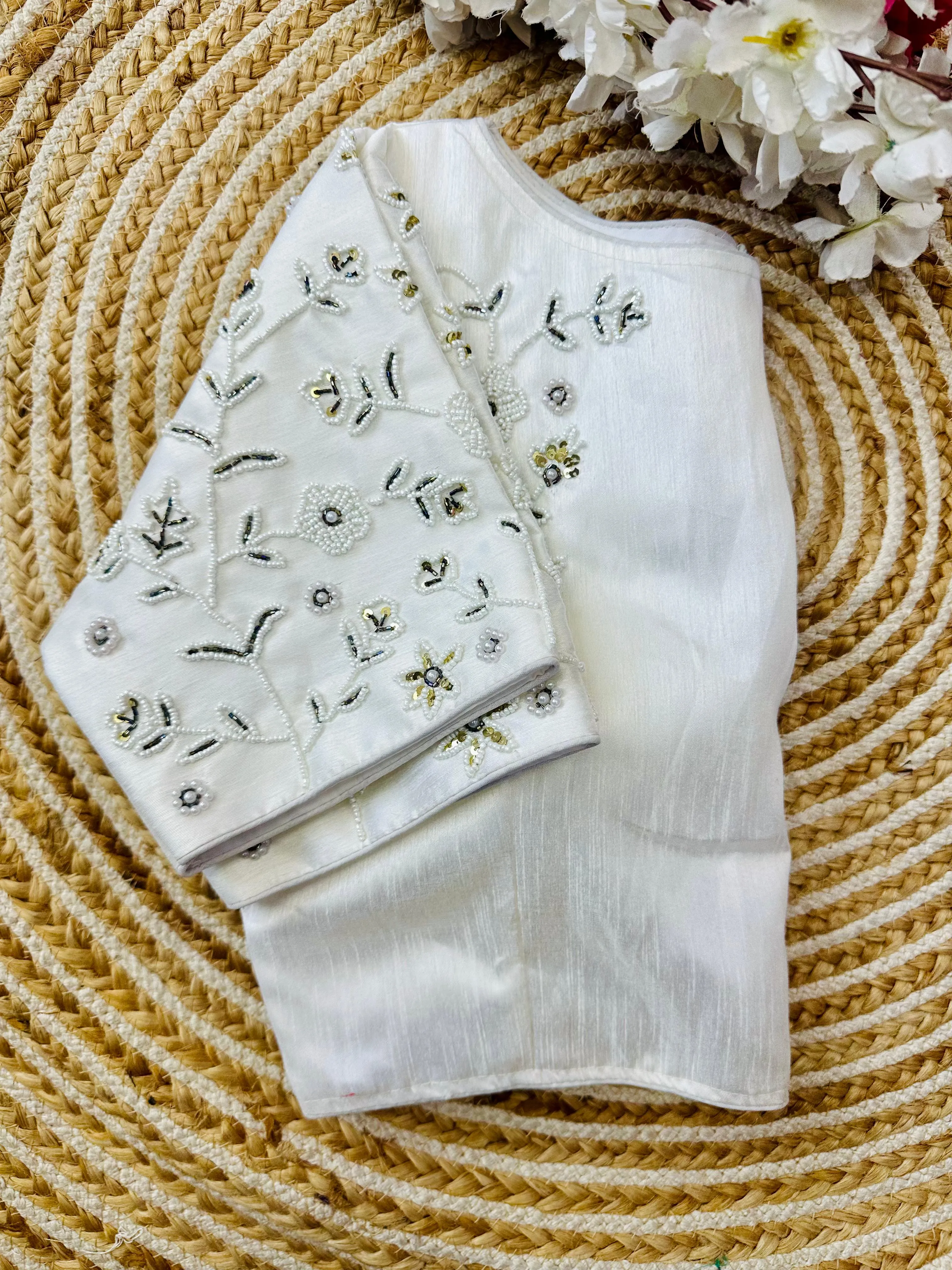 White Handcrafted Jilmil Silk Blouse with Intricate Embroidery