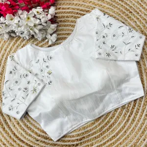 White Handcrafted Jilmil Silk Blouse with Intricate Embroidery